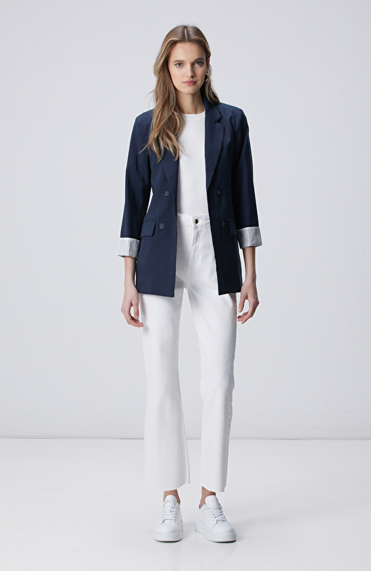 Lacivert Açık Kruvaze Kol Ucu Desen Astarlı Ceket