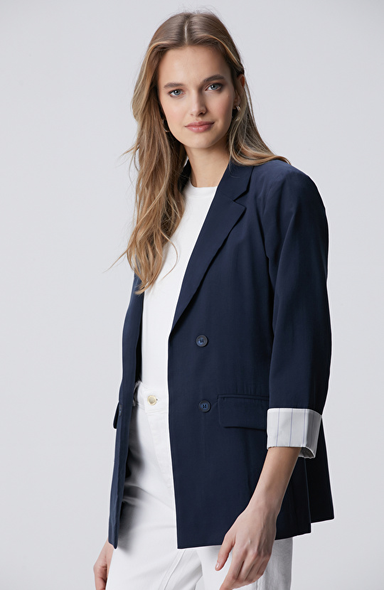 Lacivert Açık Kruvaze Kol Ucu Desen Astarlı Ceket