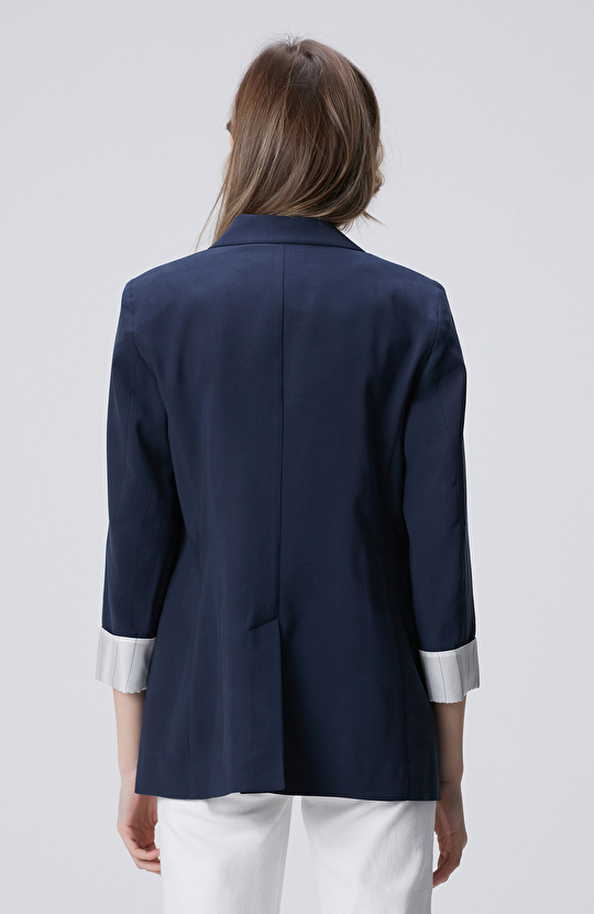 Lacivert Açık Kruvaze Kol Ucu Desen Astarlı Ceket