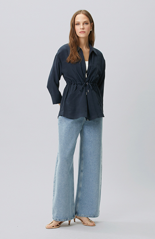 Lacivert Açık Kruvaze Kol Ucu Desenli Ceket