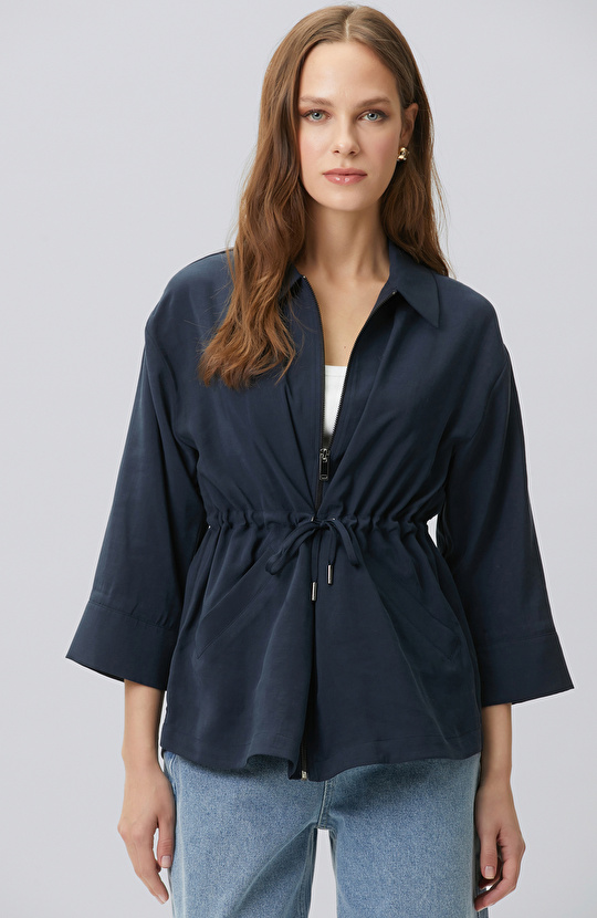 Lacivert Açık Kruvaze Kol Ucu Desenli Ceket