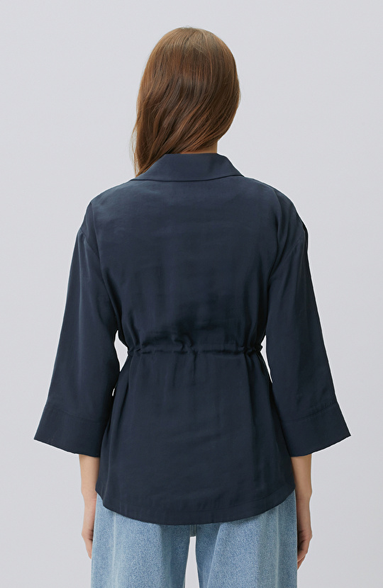 Lacivert Açık Kruvaze Kol Ucu Desenli Ceket