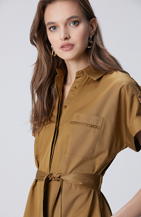 Hardal Cepli Kuruşeta Detaylı Midi Elbise