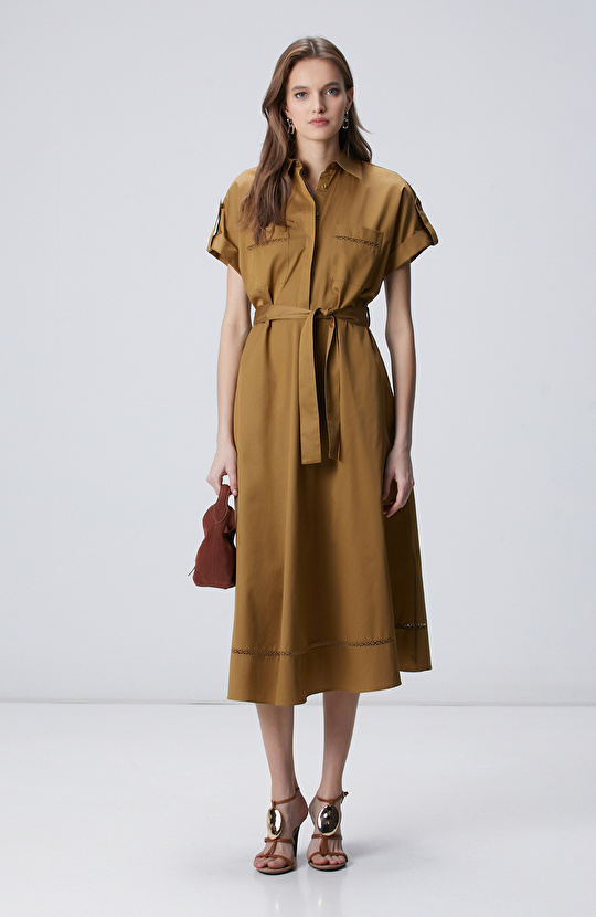 Hardal Cepli Kuruşeta Detaylı Midi Elbise