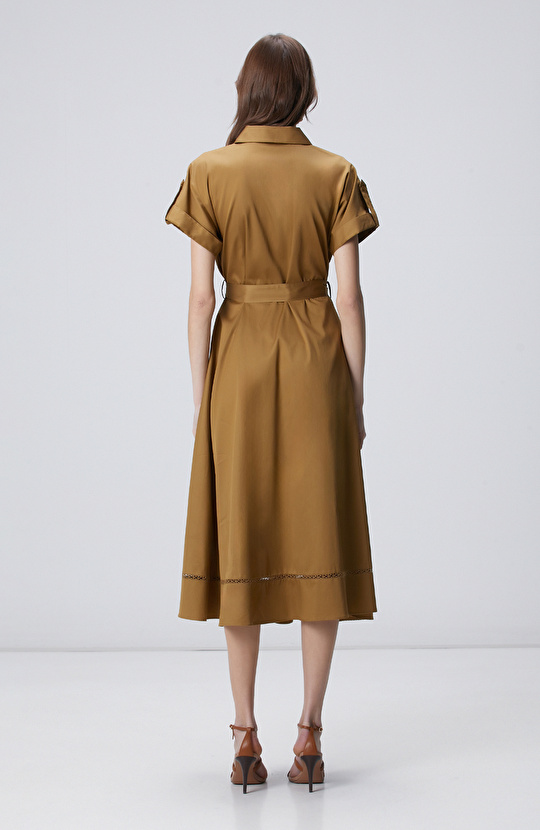 Hardal Cepli Kuruşeta Detaylı Midi Elbise