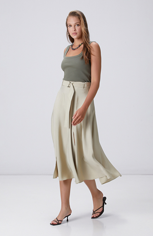 Açık Haki Çift Yırtmaçlı Midi Etek