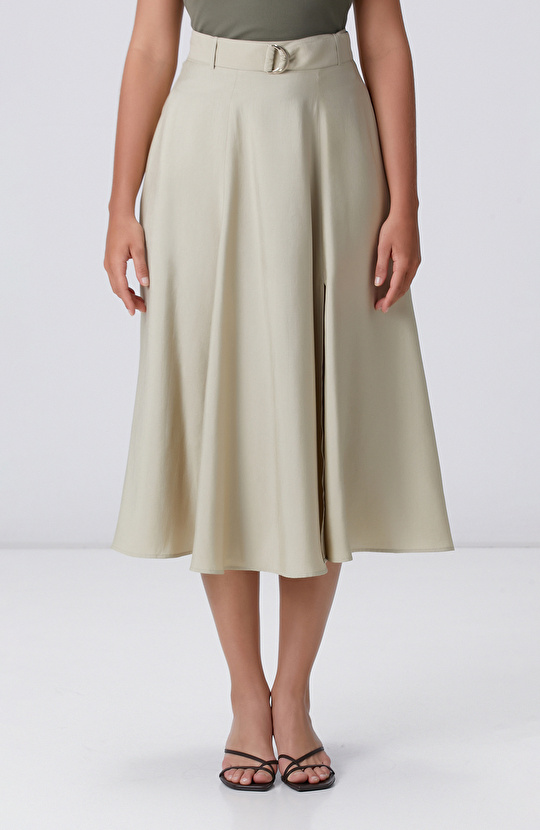 Açık Haki Çift Yırtmaçlı Midi Etek