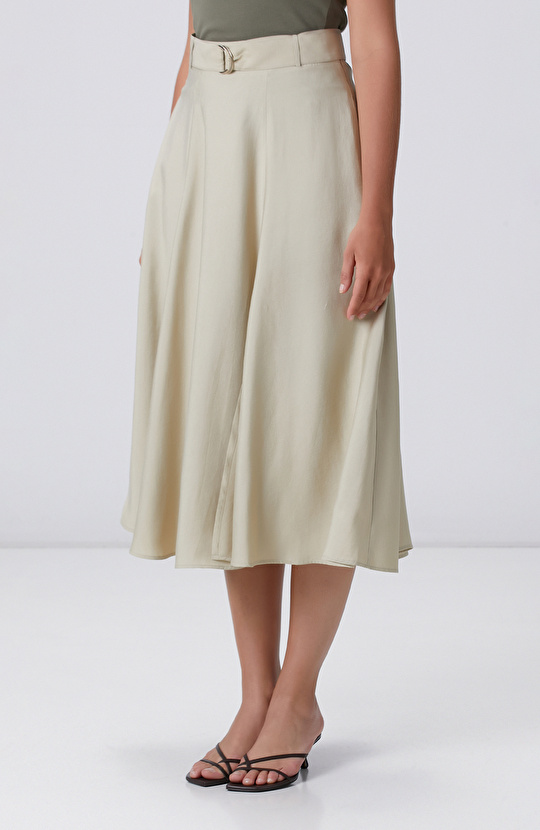 Açık Haki Çift Yırtmaçlı Midi Etek