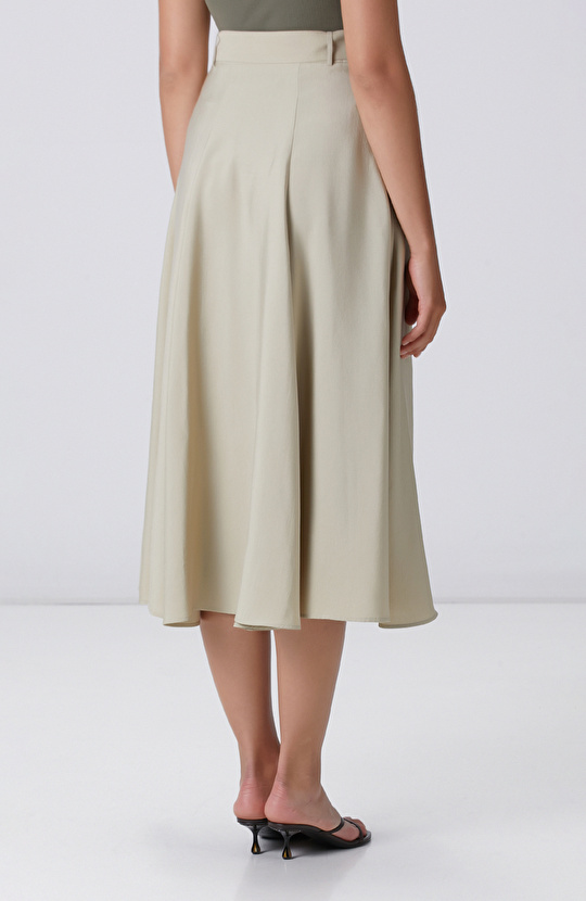 Açık Haki Çift Yırtmaçlı Midi Etek