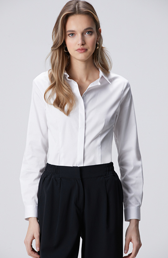 Beyaz Pamuk Saten Basic Gömlek