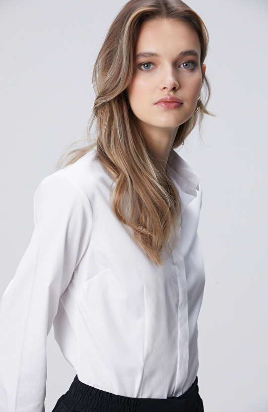 Beyaz Pamuk Saten Basic Gömlek