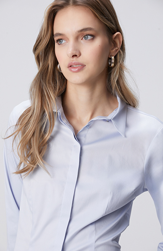 Açık Mavi Pamuk Saten Basic Gömlek