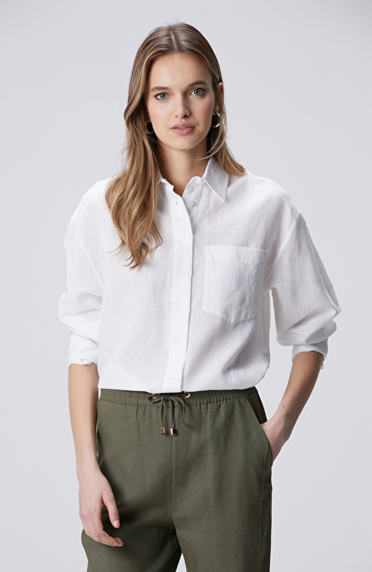 Beyaz Cep Detaylı Keten Mix Basic Gömlek