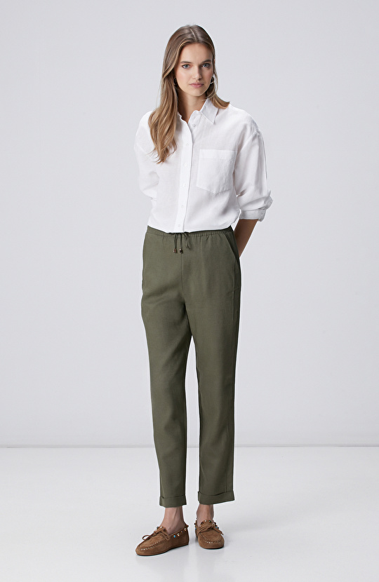 Beyaz Cep Detaylı Keten Mix Basic Gömlek