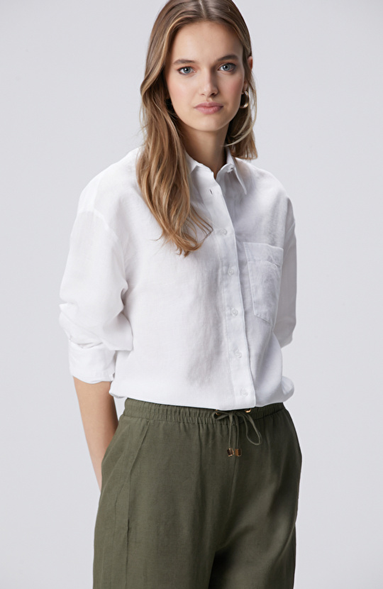 Beyaz Cep Detaylı Keten Mix Basic Gömlek