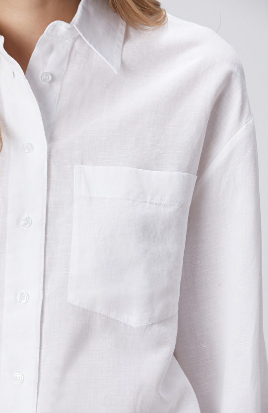 Beyaz Cep Detaylı Keten Mix Basic Gömlek