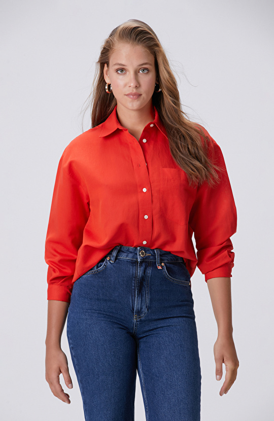 Red Pocket Detailed Basic Linen Mix Shirt