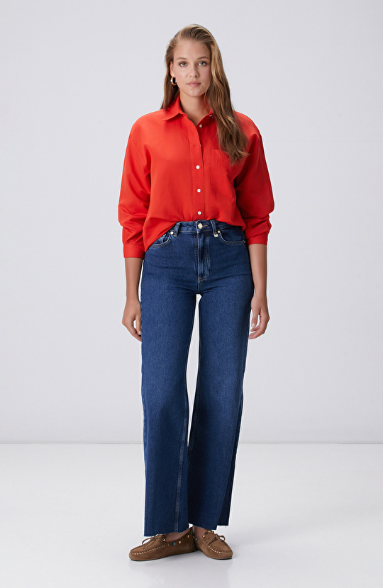 Red Pocket Detailed Basic Linen Mix Shirt