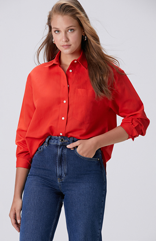 Red Pocket Detailed Basic Linen Mix Shirt