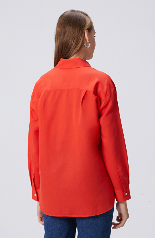 Red Pocket Detailed Basic Linen Mix Shirt