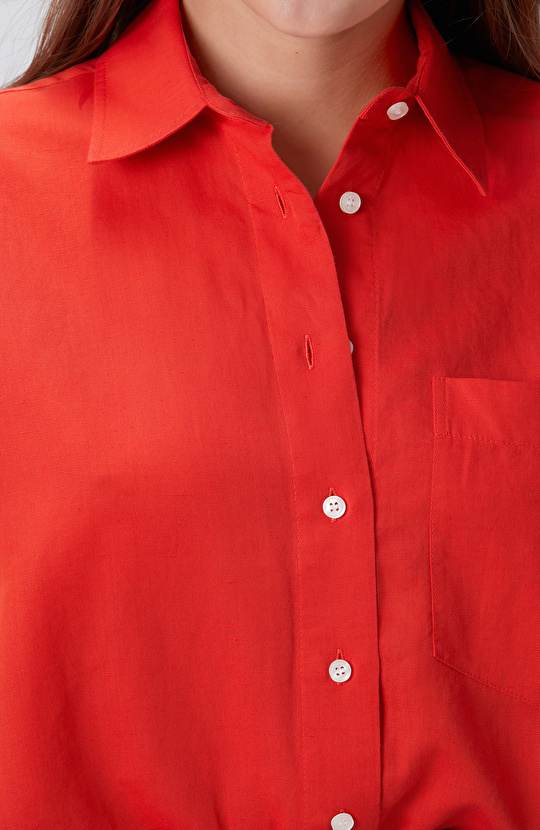 Red Pocket Detailed Basic Linen Mix Shirt