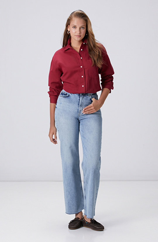 Cherry Pocket Detailed Basic Linen Mix Shirt