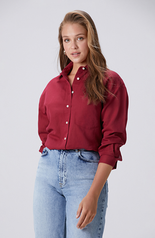 Cherry Pocket Detailed Basic Linen Mix Shirt