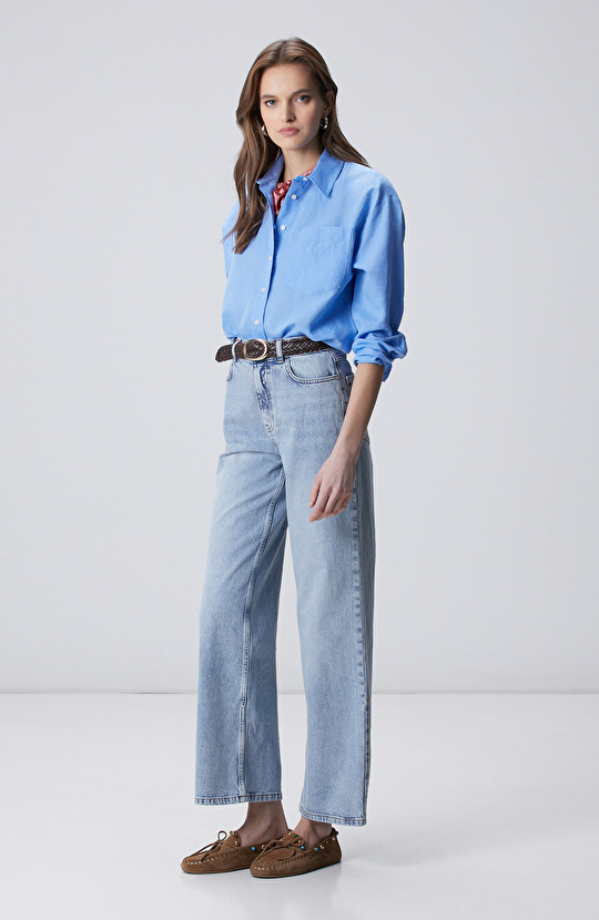 Mavi Cep Detaylı Basic Keten Karışımlı Gömlek