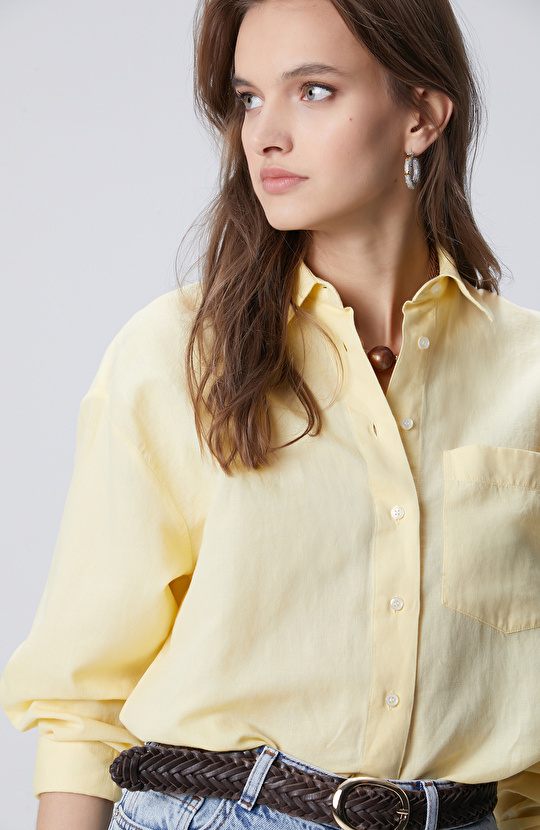 Sarı Cep Detaylı Basic Keten Karışımlı Gömlek