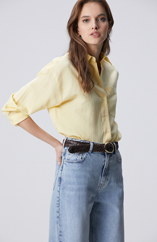 Sarı Cep Detaylı Basic Keten Karışımlı Gömlek