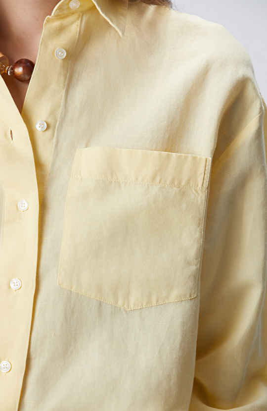 Sarı Cep Detaylı Basic Keten Karışımlı Gömlek