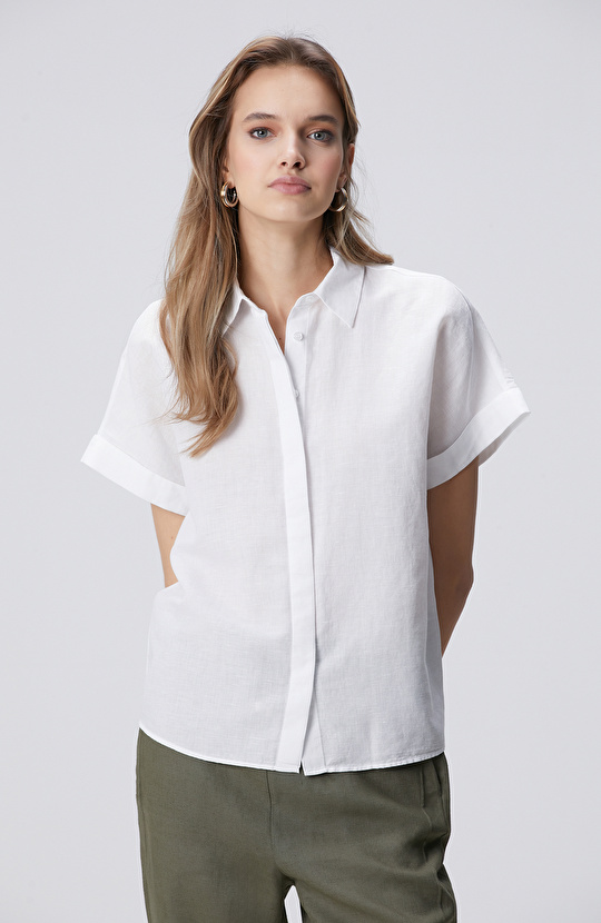 Beyaz Kısa Kollu Keten Mix Gömlek