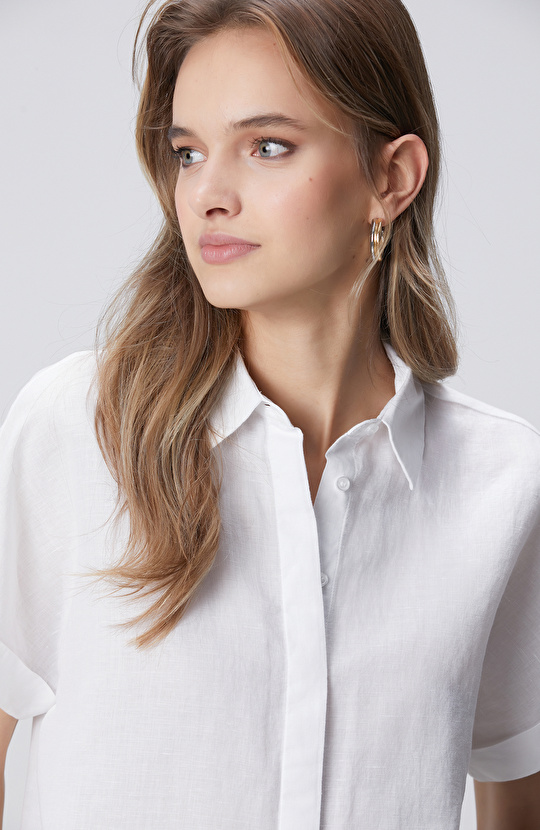 Beyaz Kısa Kollu Keten Mix Gömlek