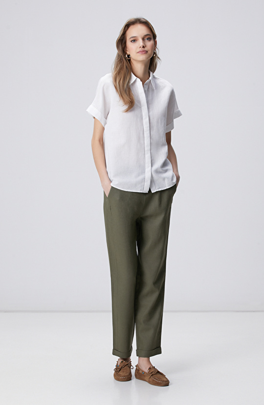 Beyaz Kısa Kollu Keten Mix Gömlek