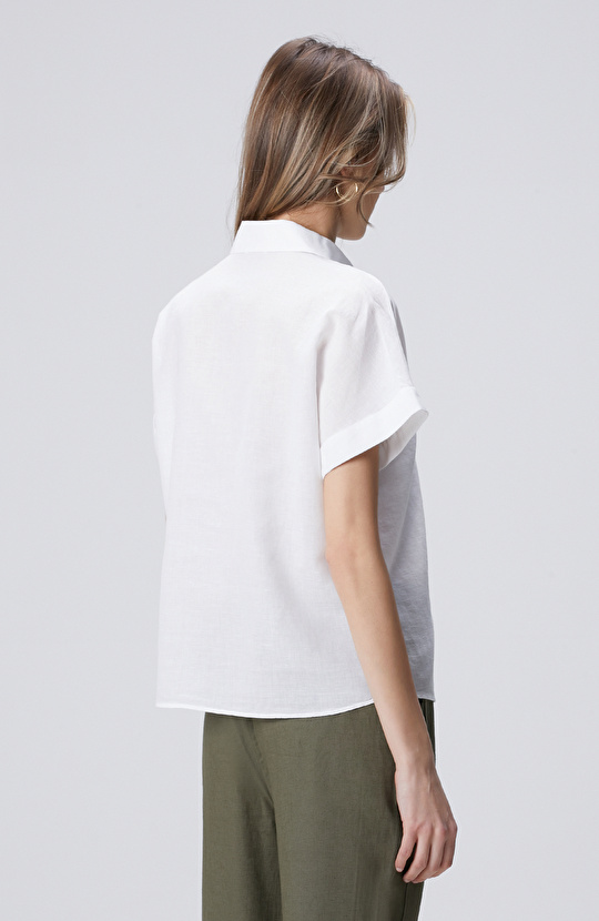 Beyaz Kısa Kollu Keten Mix Gömlek