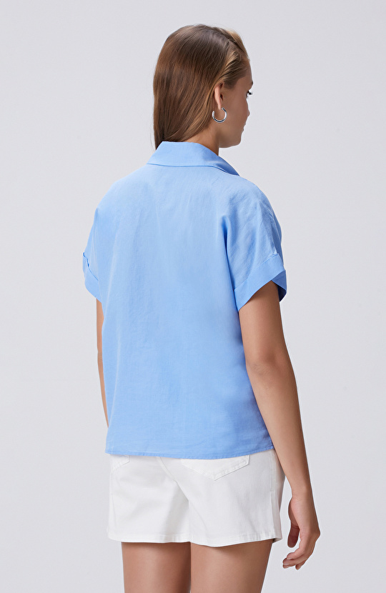 Mavi Keten Karışımlı Kısa Kollu Gömlek