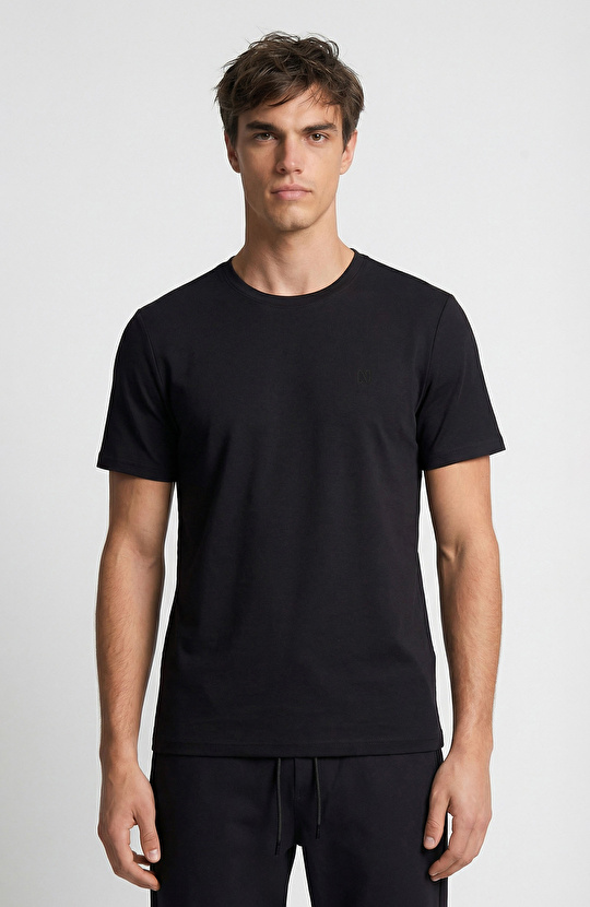 Siyah Bisiklet Yaka Pike Desenli Basic T-shirt