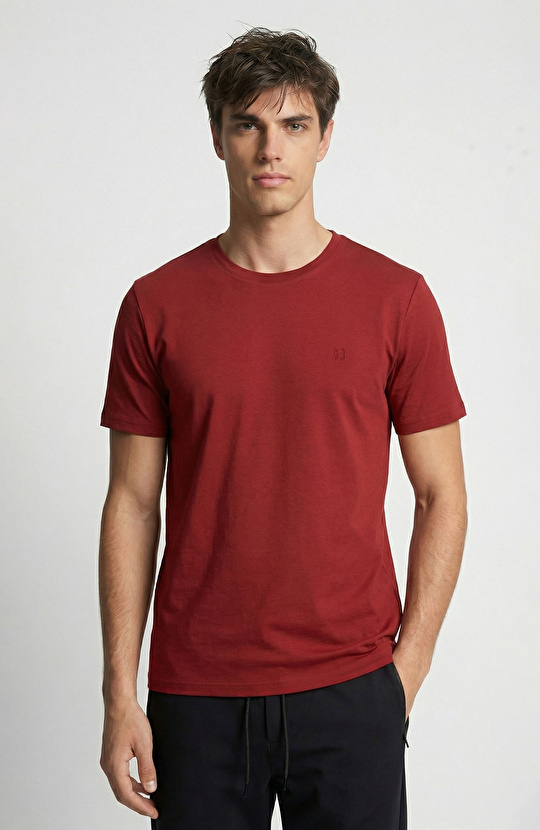 Bordo Bisiklet Yaka Pike Desen Basic T-shirt
