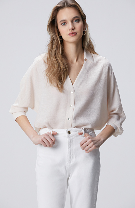 Toz Pembe Crinkle Efektli Truvakar Kol Gömlek