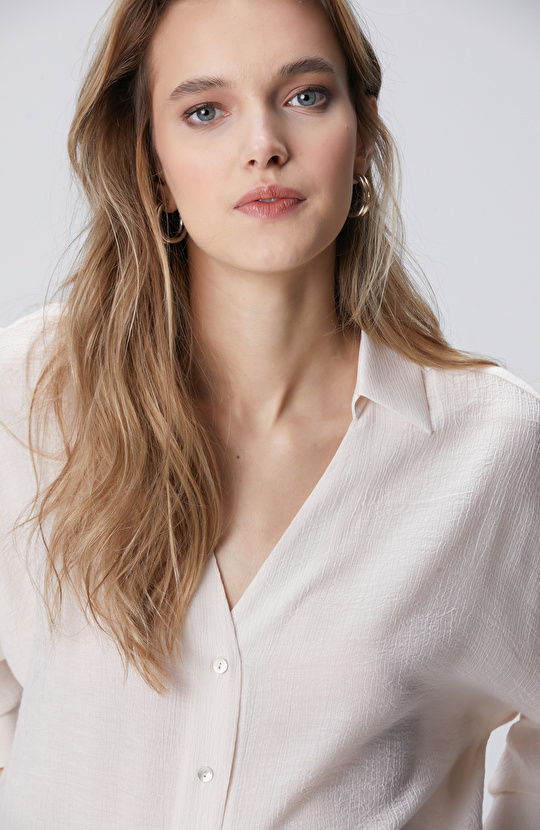 Toz Pembe Crinkle Efektli Truvakar Kol Gömlek