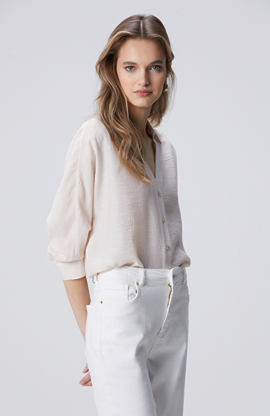 Toz Pembe Crinkle Efektli Truvakar Kol Gömlek