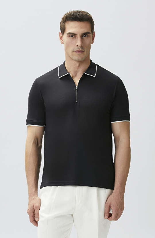 Lacivert Polo Yaka Pike Desen T-shirt