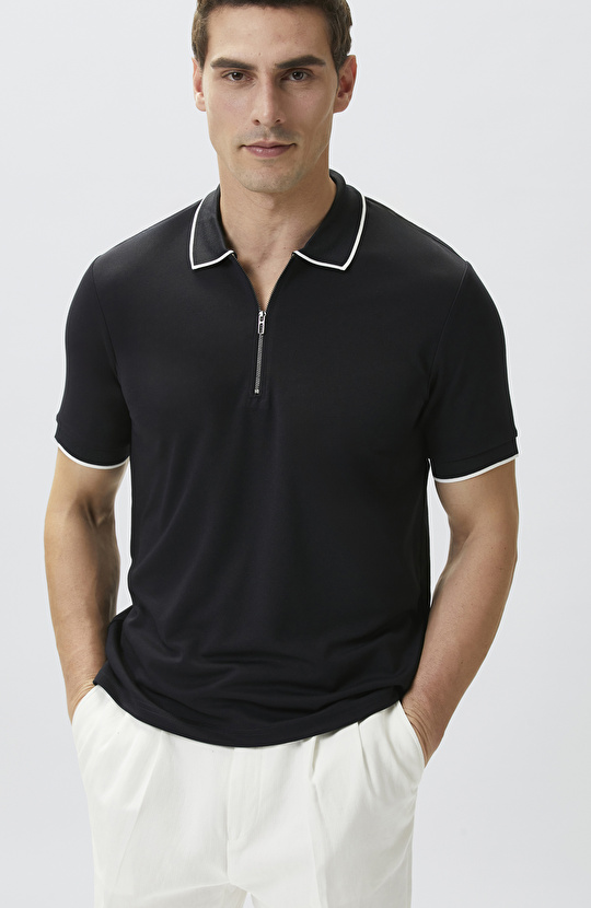 Lacivert Polo Yaka Pike Desen T-shirt