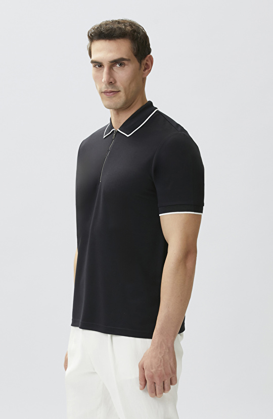 Lacivert Polo Yaka Pike Desen T-shirt