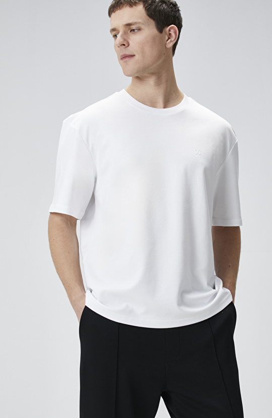 Comfort Fit Beyaz Bisiklet Yaka T-shirt