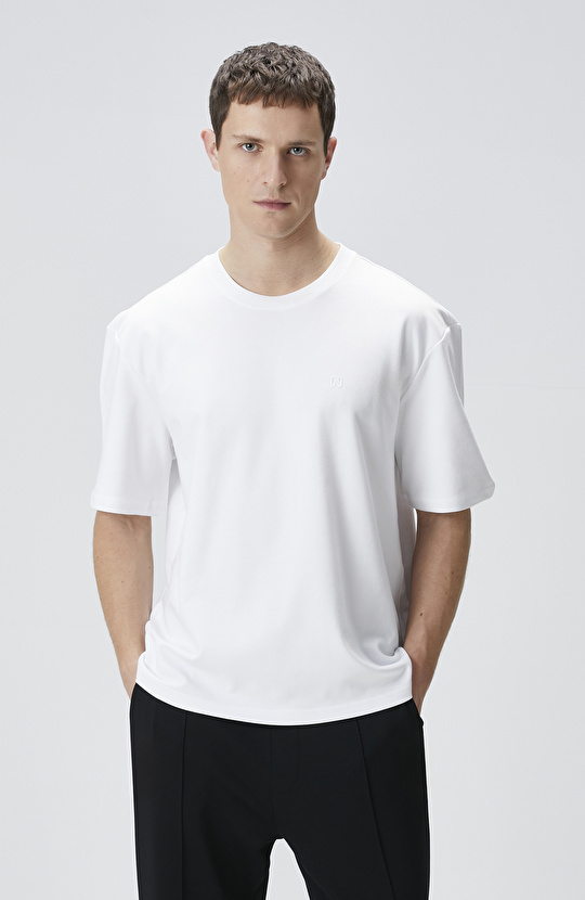 Comfort Fit Beyaz Bisiklet Yaka T-shirt