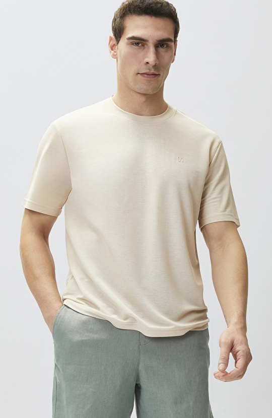 Comfort Fit Bej Bisiklet Yaka T-shirt