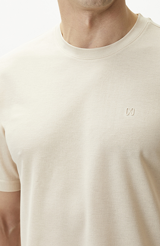 Comfort Fit Bej Bisiklet Yaka T-shirt