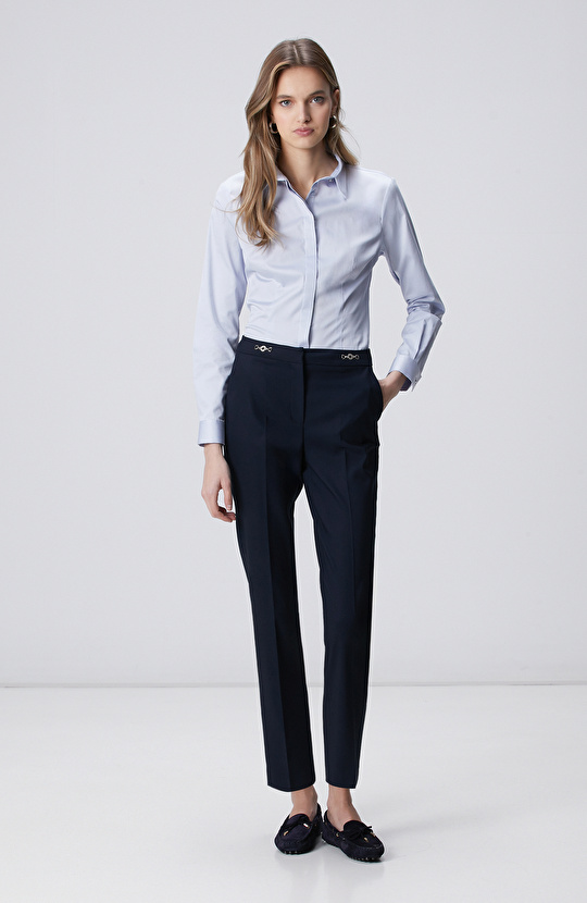 Lacivert Beli Metal Aksesuarlı Basic Pantolon