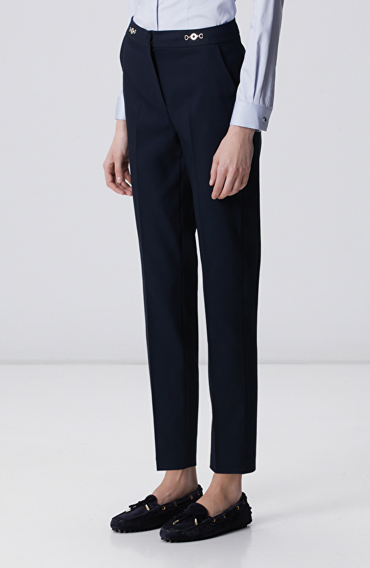 Lacivert Beli Metal Aksesuarlı Basic Pantolon